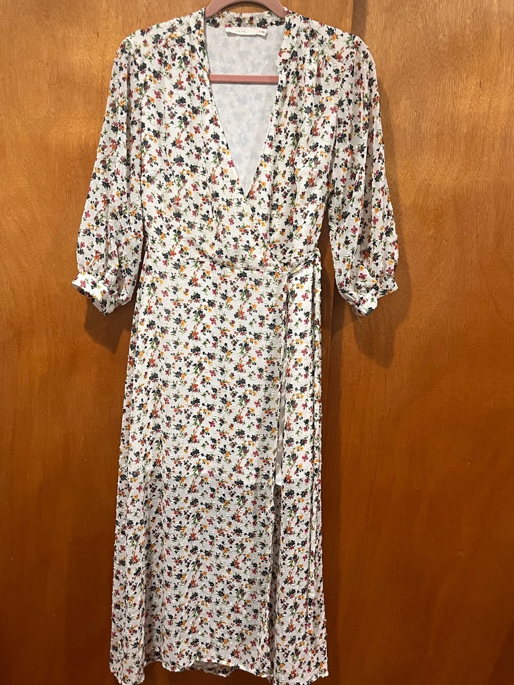 LUSH Floral Wrap Midi Dress - White with Multi-Color Print